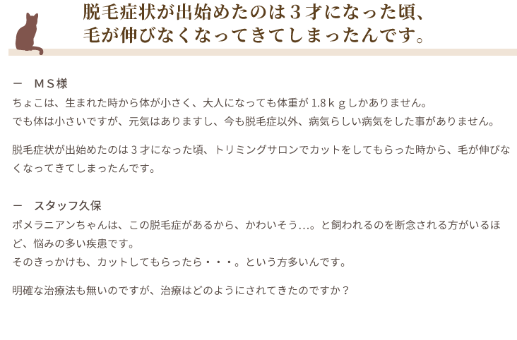 脱毛症状が出始めたのは３才になった頃、毛が伸びなくなってきてしまったんです。