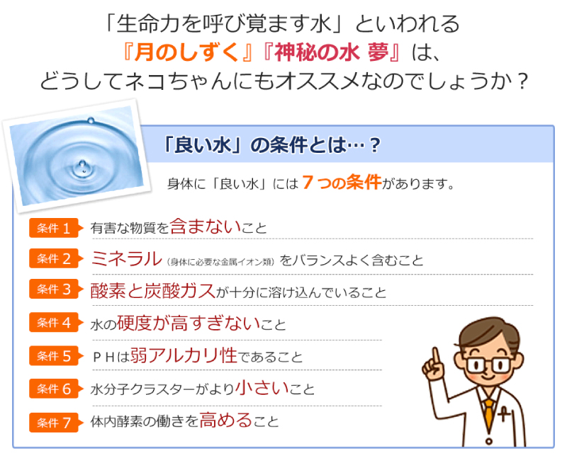 生命力を呼び覚ます水と言われる「月のしずく」「神秘の水 夢」は、どうしてネコちゃんにもオススメなのでしょうか？